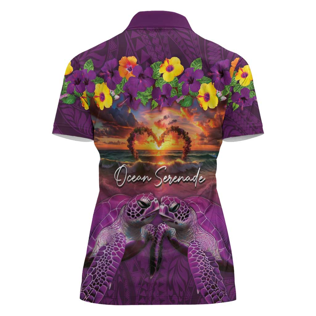 Hawaiian Turtle Love Couple Women Polo Shirt Ocean Serenade - Honu Honi Ihu with Hibiscus and Romantic Sunset Purple Color
