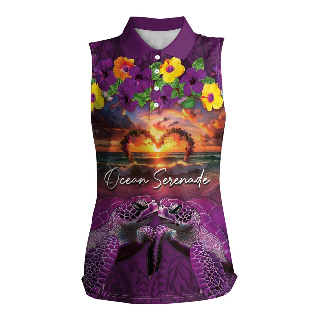 Hawaiian Turtle Love Couple Women Sleeveless Polo Shirt Ocean Serenade - Honu Honi Ihu with Hibiscus and Romantic Sunset Purple Color