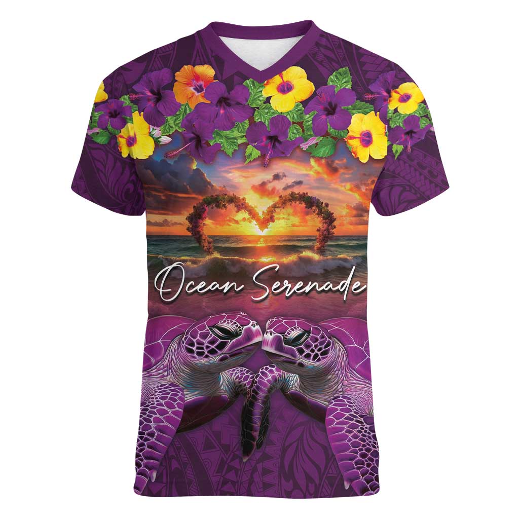 Hawaiian Turtle Love Couple Women V-Neck T-Shirt Ocean Serenade - Honu Honi Ihu with Hibiscus and Romantic Sunset Purple Color