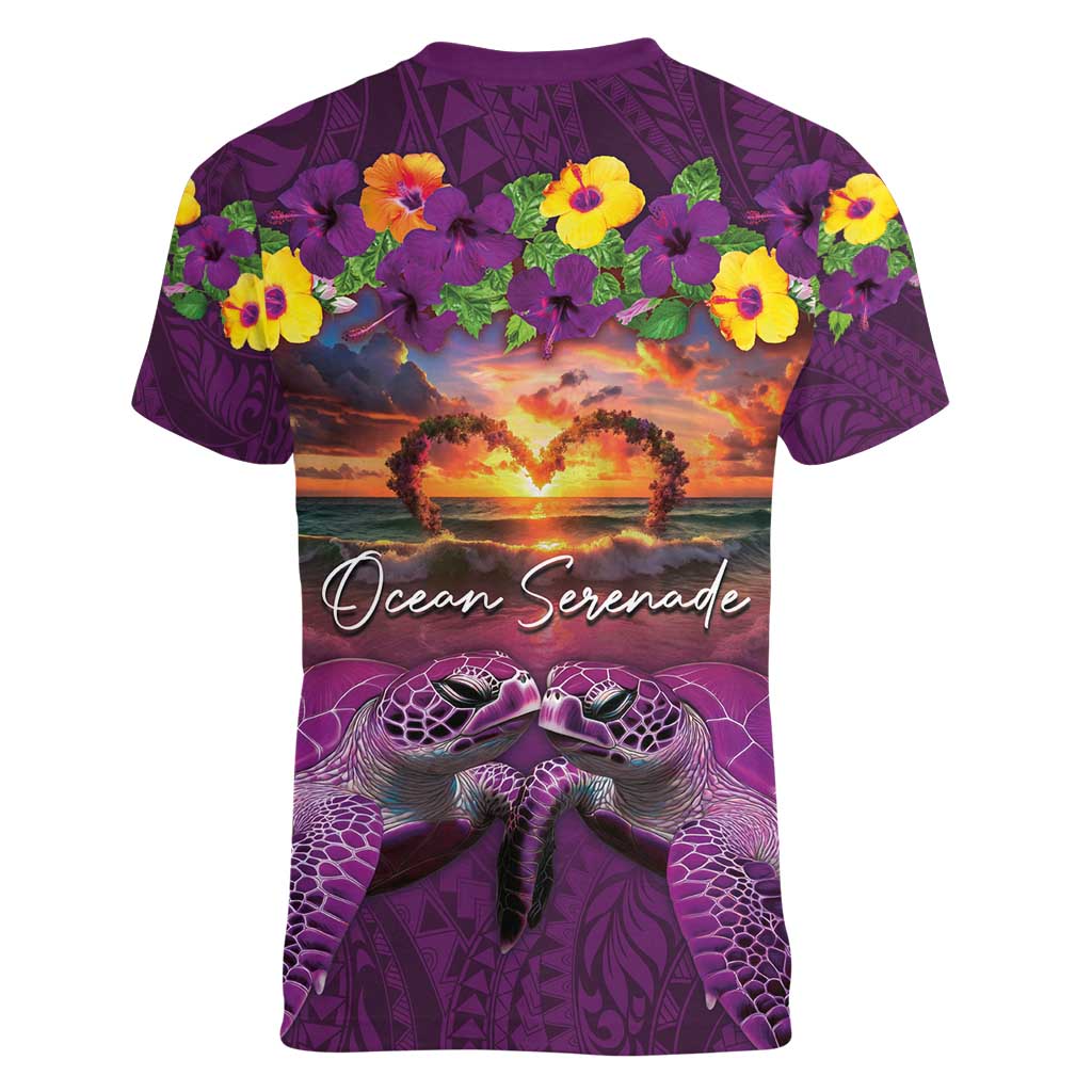 Hawaiian Turtle Love Couple Women V-Neck T-Shirt Ocean Serenade - Honu Honi Ihu with Hibiscus and Romantic Sunset Purple Color LT03 - Polynesian Pride