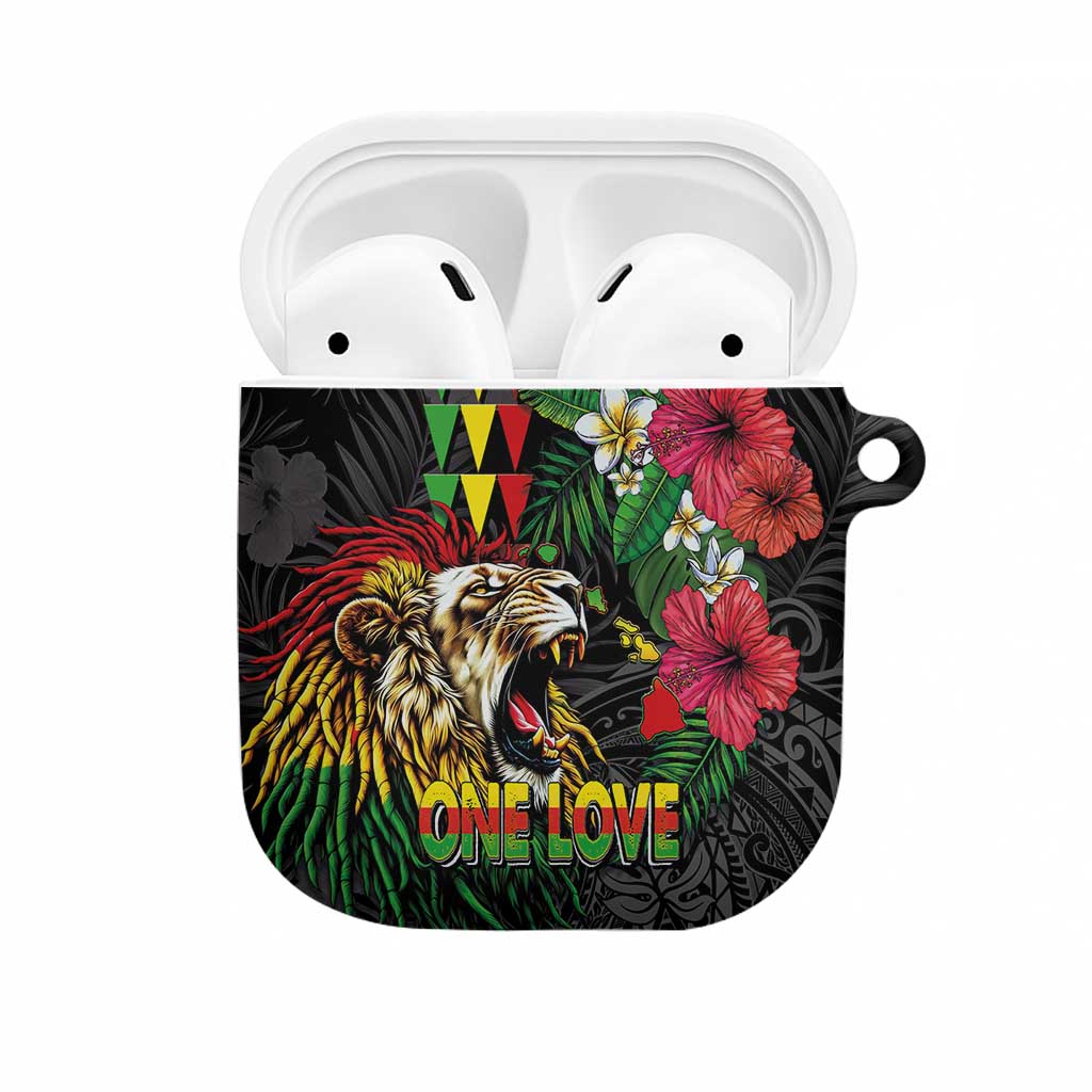 Hawaiian One Love AirPods Case Reggae Lion Tropical Plants and Kakau with Tribal Pattern