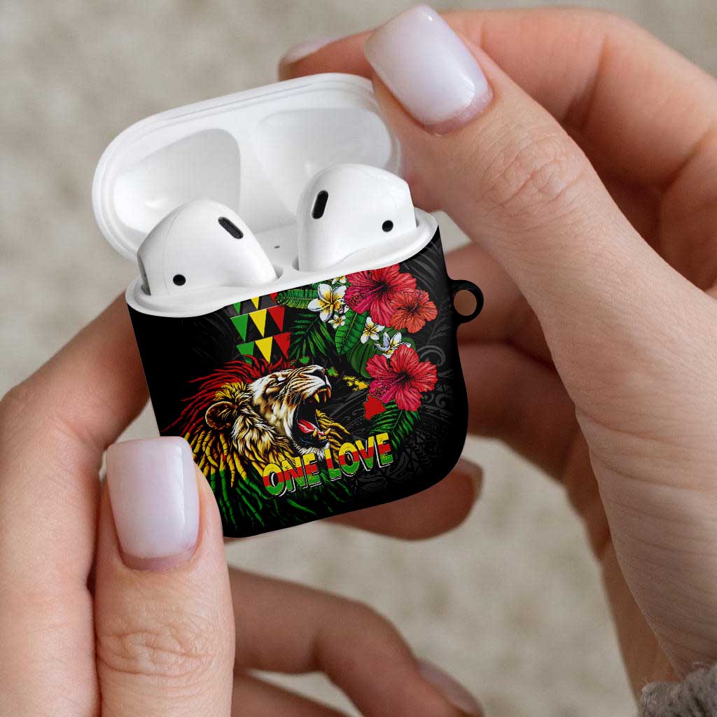 Hawaiian One Love AirPods Case Reggae Lion Tropical Plants and Kakau with Tribal Pattern
