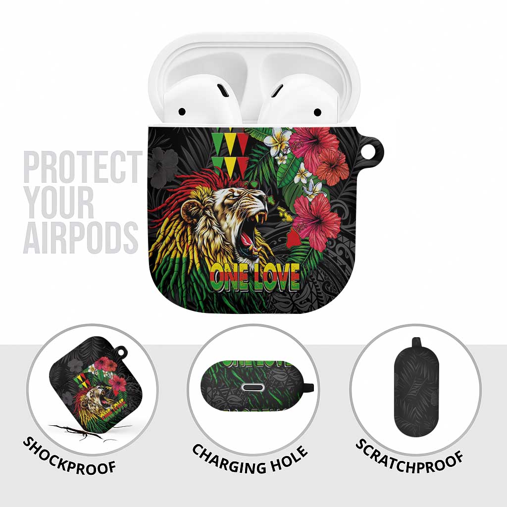 Hawaiian One Love AirPods Case Reggae Lion Tropical Plants and Kakau with Tribal Pattern