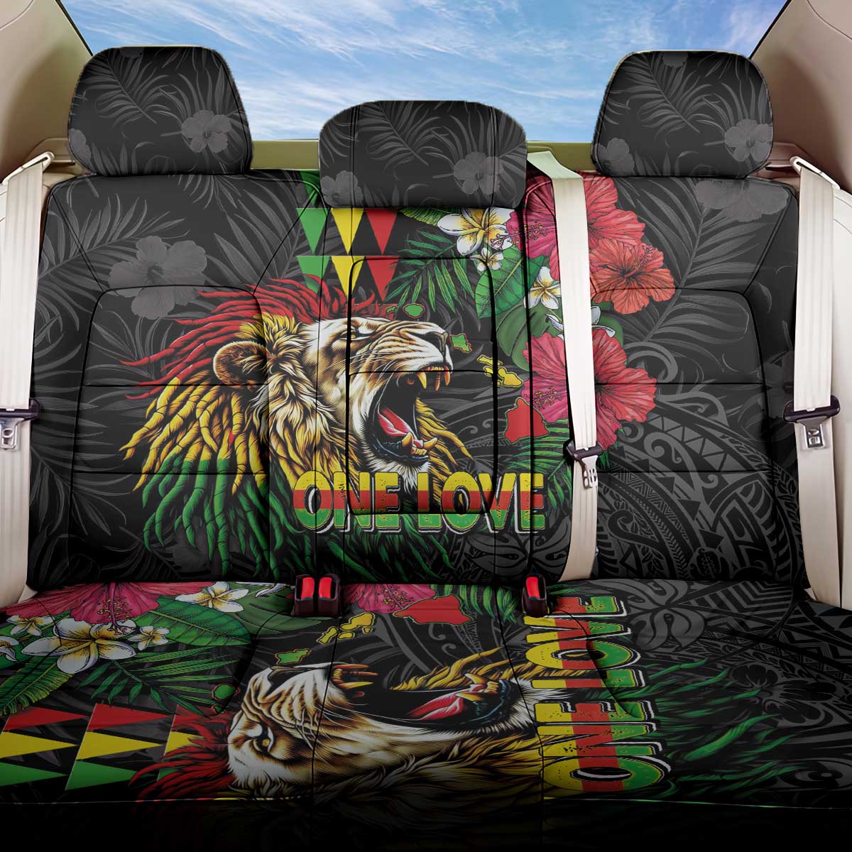 Hawaiian One Love Back Car Seat Cover Reggae Lion Tropical Plants and Kakau with Tribal Pattern
