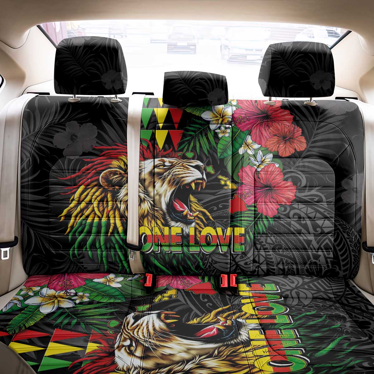 Hawaiian One Love Back Car Seat Cover Reggae Lion Tropical Plants and Kakau with Tribal Pattern