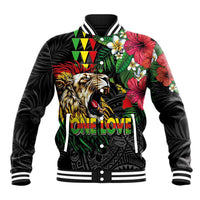Hawaiian One Love Baseball Jacket Reggae Lion Tropical Plants and Kakau with Tribal Pattern