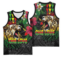Hawaiian One Love Basketball Jersey Reggae Lion Tropical Plants and Kakau with Tribal Pattern