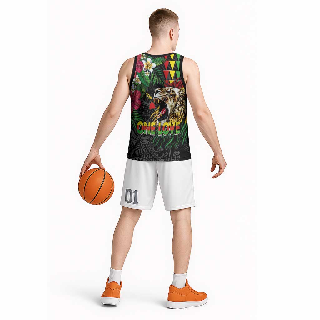 Hawaiian One Love Basketball Jersey Reggae Lion Tropical Plants and Kakau with Tribal Pattern