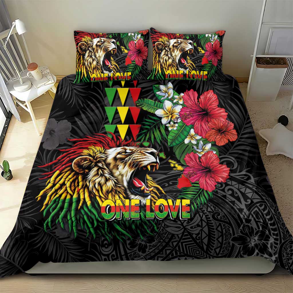 Hawaiian One Love Bedding Set Reggae Lion Tropical Plants and Kakau with Tribal Pattern