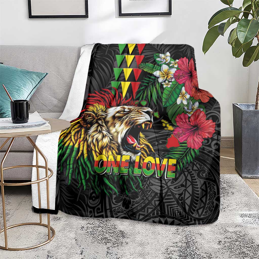 Hawaiian One Love Blanket Reggae Lion Tropical Plants and Kakau with Tribal Pattern