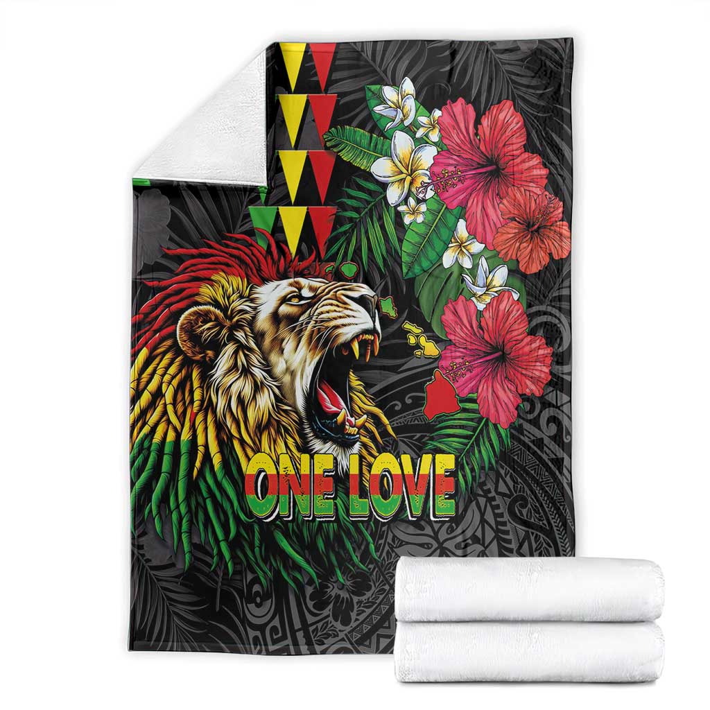 Hawaiian One Love Blanket Reggae Lion Tropical Plants and Kakau with Tribal Pattern