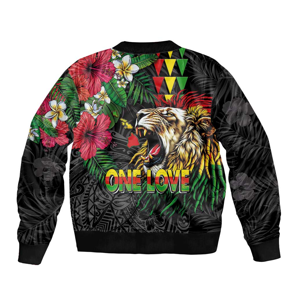 Hawaiian One Love Bomber Jacket Reggae Lion Tropical Plants and Kakau with Tribal Pattern
