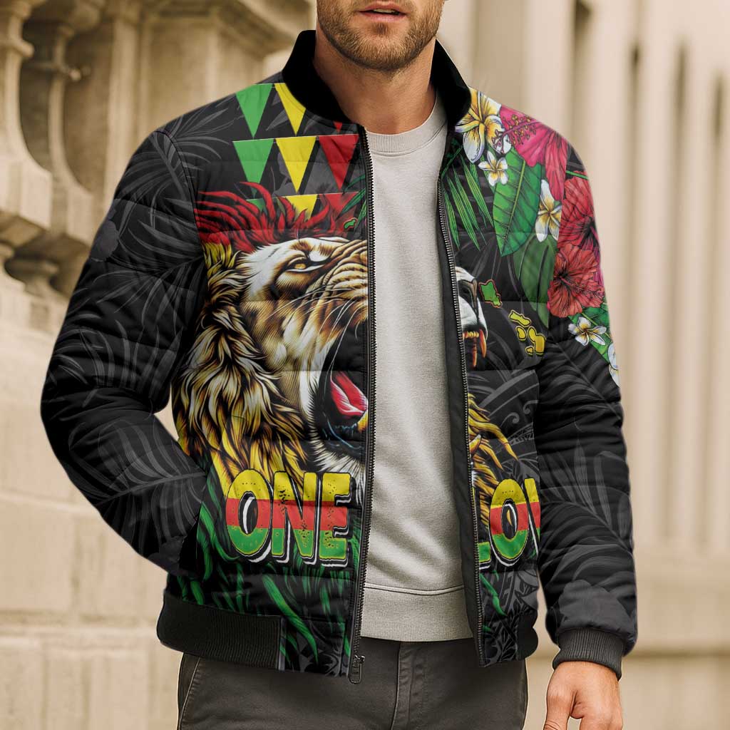 Hawaiian One Love Bomber Puffer Jacket Reggae Lion Tropical Plants and Kakau with Tribal Pattern