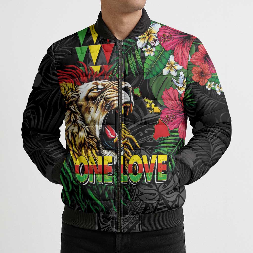 Hawaiian One Love Bomber Puffer Jacket Reggae Lion Tropical Plants and Kakau with Tribal Pattern
