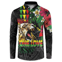 Hawaiian One Love Button Sweatshirt Reggae Lion Tropical Plants and Kakau with Tribal Pattern