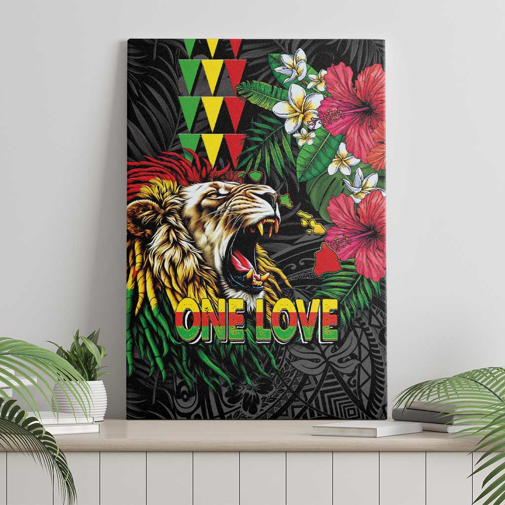 Hawaiian One Love Canvas Wall Art Reggae Lion Tropical Plants and Kakau with Tribal Pattern