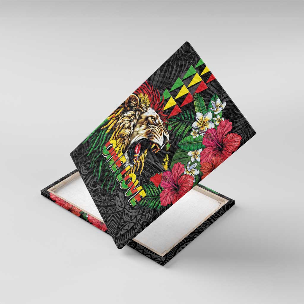 Hawaiian One Love Canvas Wall Art Reggae Lion Tropical Plants and Kakau with Tribal Pattern