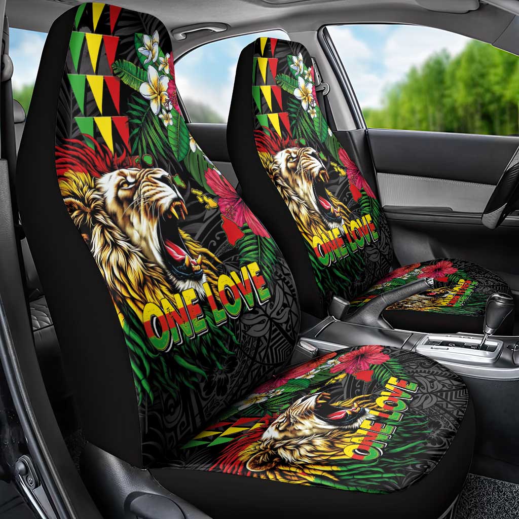 Hawaiian One Love Car Seat Cover Reggae Lion Tropical Plants and Kakau with Tribal Pattern