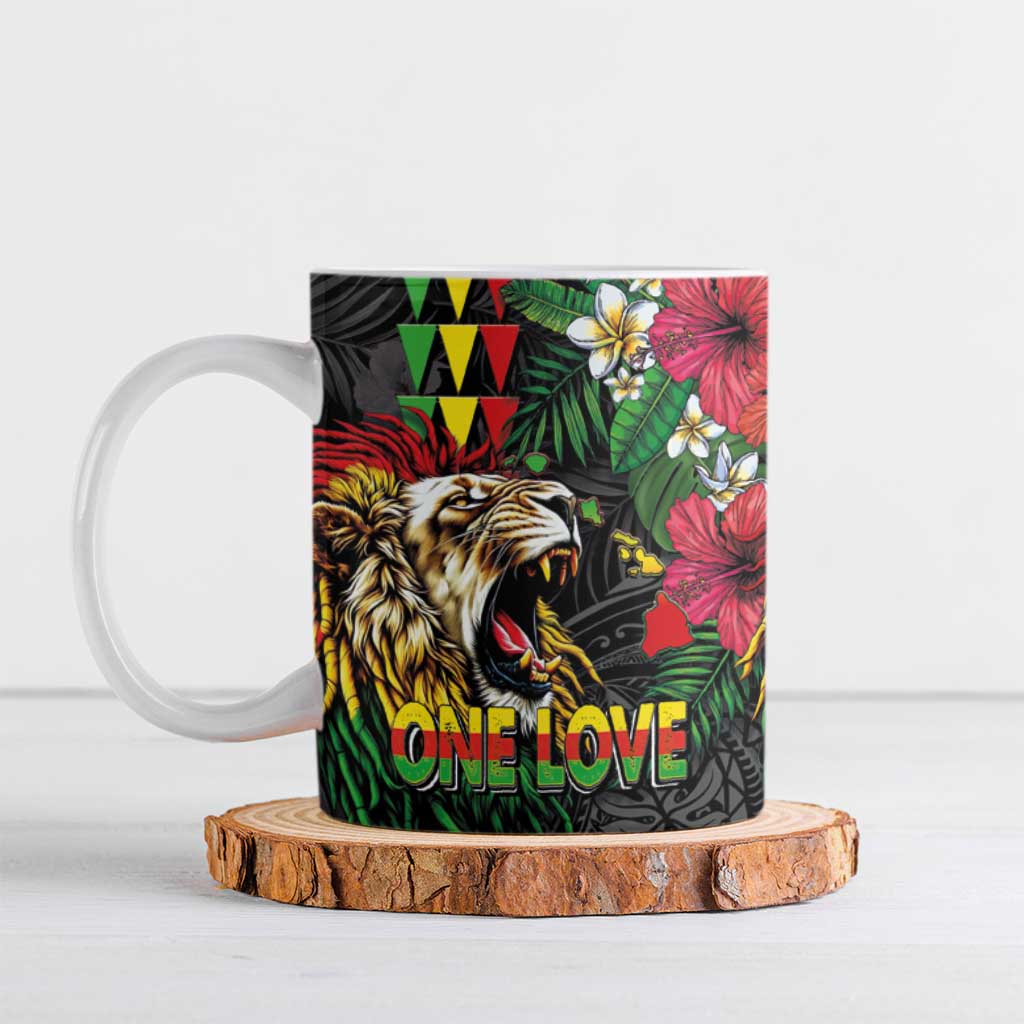 Hawaiian One Love Ceramic Mug Reggae Lion Tropical Plants and Kakau with Tribal Pattern