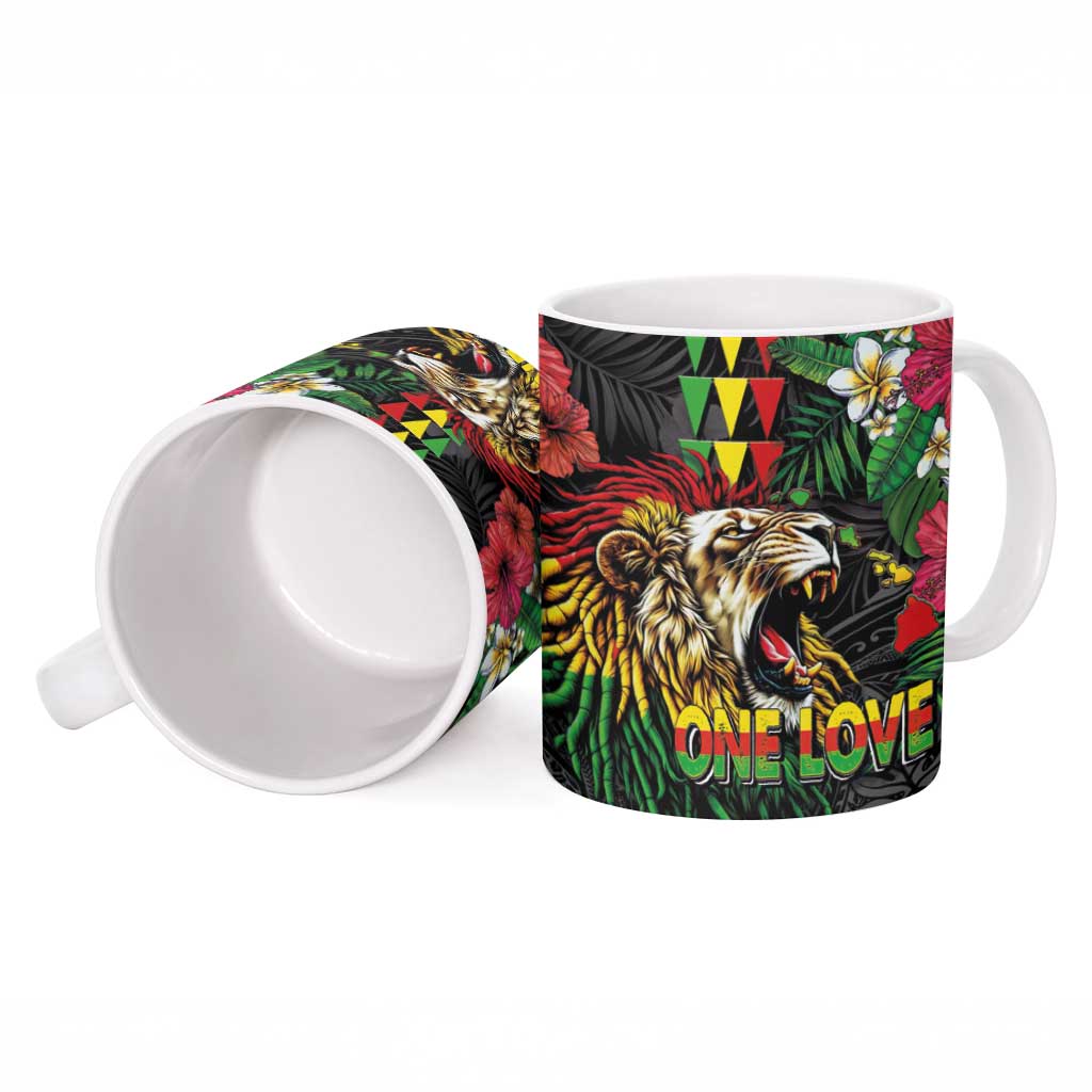Hawaiian One Love Ceramic Mug Reggae Lion Tropical Plants and Kakau with Tribal Pattern