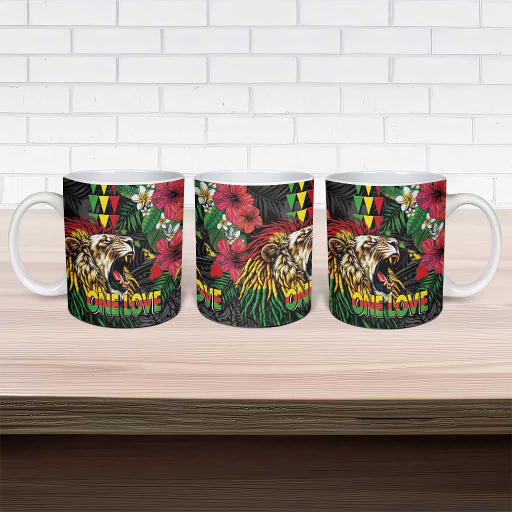 Hawaiian One Love Ceramic Mug Reggae Lion Tropical Plants and Kakau with Tribal Pattern