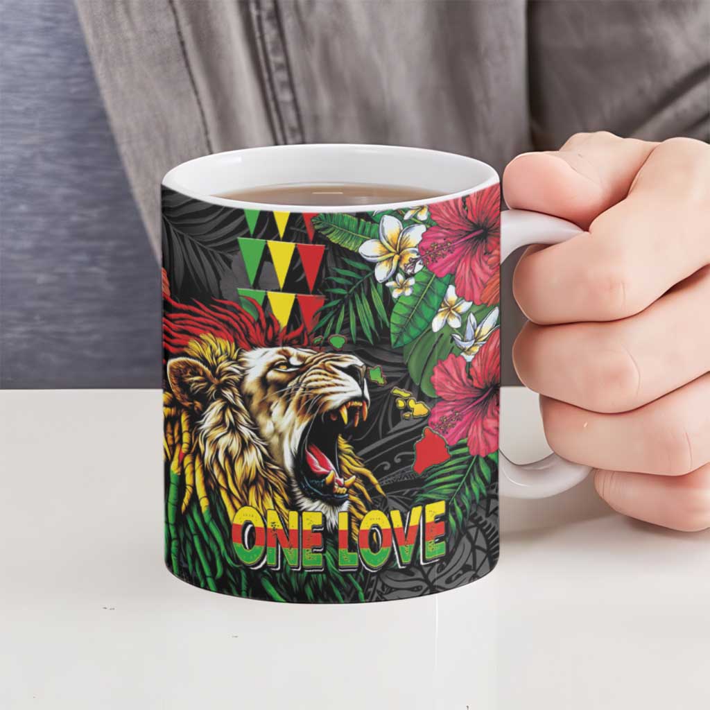 Hawaiian One Love Ceramic Mug Reggae Lion Tropical Plants and Kakau with Tribal Pattern