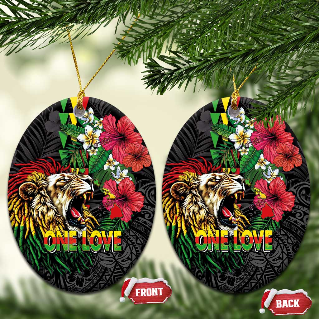 Hawaiian One Love Ceramic Ornament Reggae Lion Tropical Plants and Kakau with Tribal Pattern