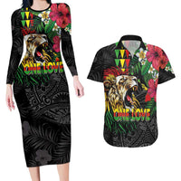 Hawaiian One Love Couples Matching Long Sleeve Bodycon Dress and Hawaiian Shirt Reggae Lion Tropical Plants and Kakau with Tribal Pattern LT03 Black - Polynesian Pride