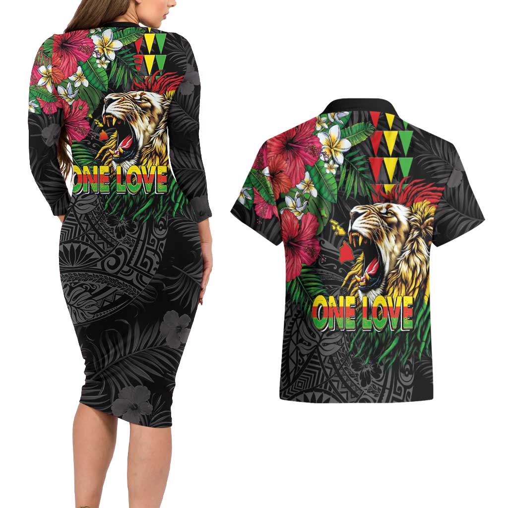 Hawaiian One Love Couples Matching Long Sleeve Bodycon Dress and Hawaiian Shirt Reggae Lion Tropical Plants and Kakau with Tribal Pattern LT03 - Polynesian Pride