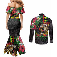 Hawaiian One Love Couples Matching Mermaid Dress and Long Sleeve Button Shirt Reggae Lion Tropical Plants and Kakau with Tribal Pattern LT03 - Polynesian Pride