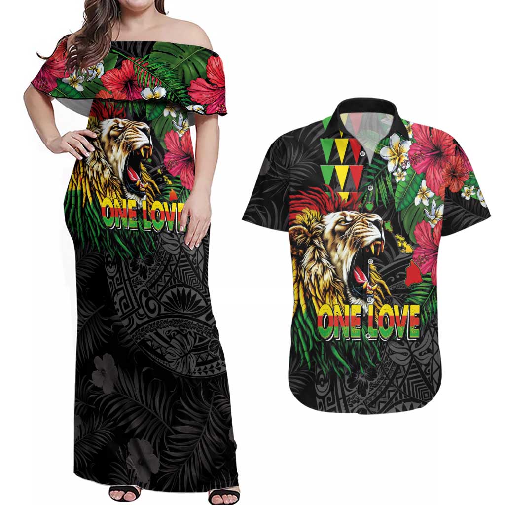 Hawaiian One Love Couples Matching Off Shoulder Maxi Dress and Hawaiian Shirt Reggae Lion Tropical Plants and Kakau with Tribal Pattern LT03 Black - Polynesian Pride