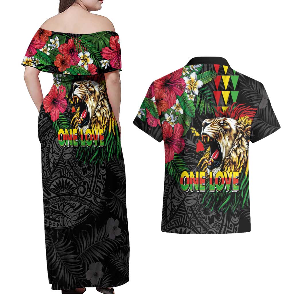Hawaiian One Love Couples Matching Off Shoulder Maxi Dress and Hawaiian Shirt Reggae Lion Tropical Plants and Kakau with Tribal Pattern LT03 - Polynesian Pride