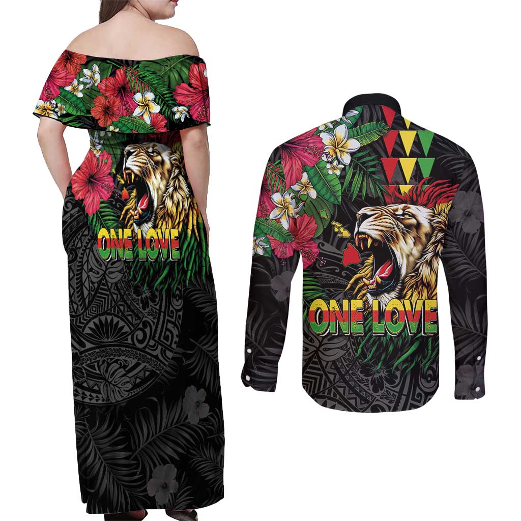 Hawaiian One Love Couples Matching Off Shoulder Maxi Dress and Long Sleeve Button Shirt Reggae Lion Tropical Plants and Kakau with Tribal Pattern