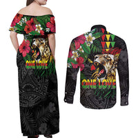 Hawaiian One Love Couples Matching Off Shoulder Maxi Dress and Long Sleeve Button Shirt Reggae Lion Tropical Plants and Kakau with Tribal Pattern