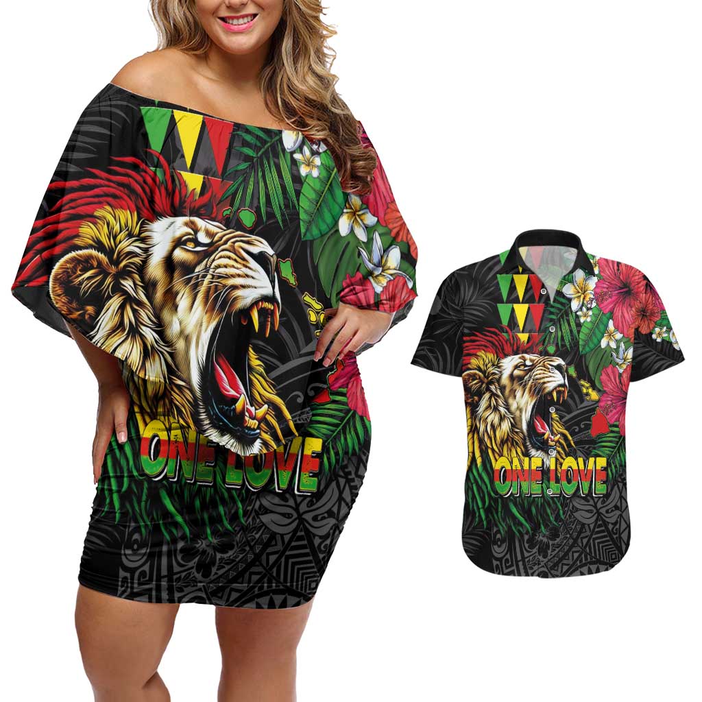 Hawaiian One Love Couples Matching Off Shoulder Short Dress and Hawaiian Shirt Reggae Lion Tropical Plants and Kakau with Tribal Pattern