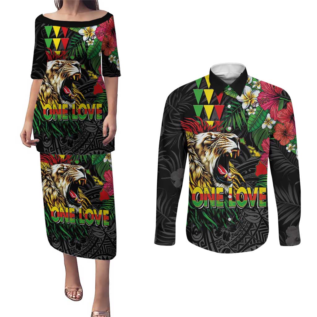 Hawaiian One Love Couples Matching Puletasi and Long Sleeve Button Shirt Reggae Lion Tropical Plants and Kakau with Tribal Pattern LT03 Black - Polynesian Pride