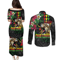 Hawaiian One Love Couples Matching Puletasi and Long Sleeve Button Shirt Reggae Lion Tropical Plants and Kakau with Tribal Pattern LT03 - Polynesian Pride