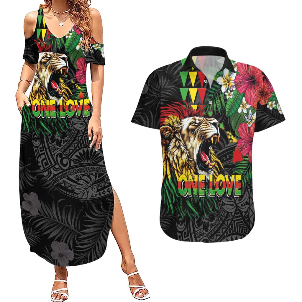 Hawaiian One Love Couples Matching Summer Maxi Dress and Hawaiian Shirt Reggae Lion Tropical Plants and Kakau with Tribal Pattern