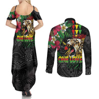 Hawaiian One Love Couples Matching Summer Maxi Dress and Long Sleeve Button Shirt Reggae Lion Tropical Plants and Kakau with Tribal Pattern