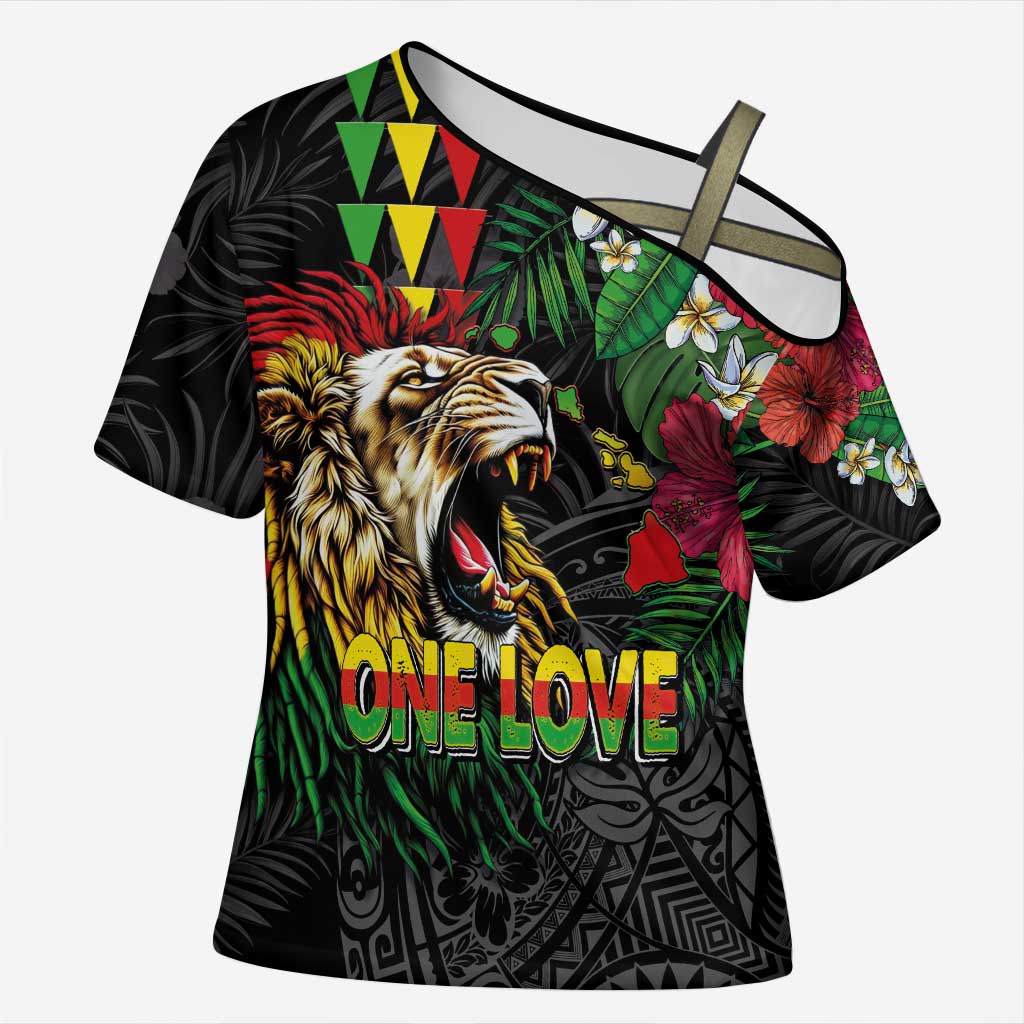 Hawaiian One Love Cross Shoulder Shirt Reggae Lion Tropical Plants and Kakau with Tribal Pattern