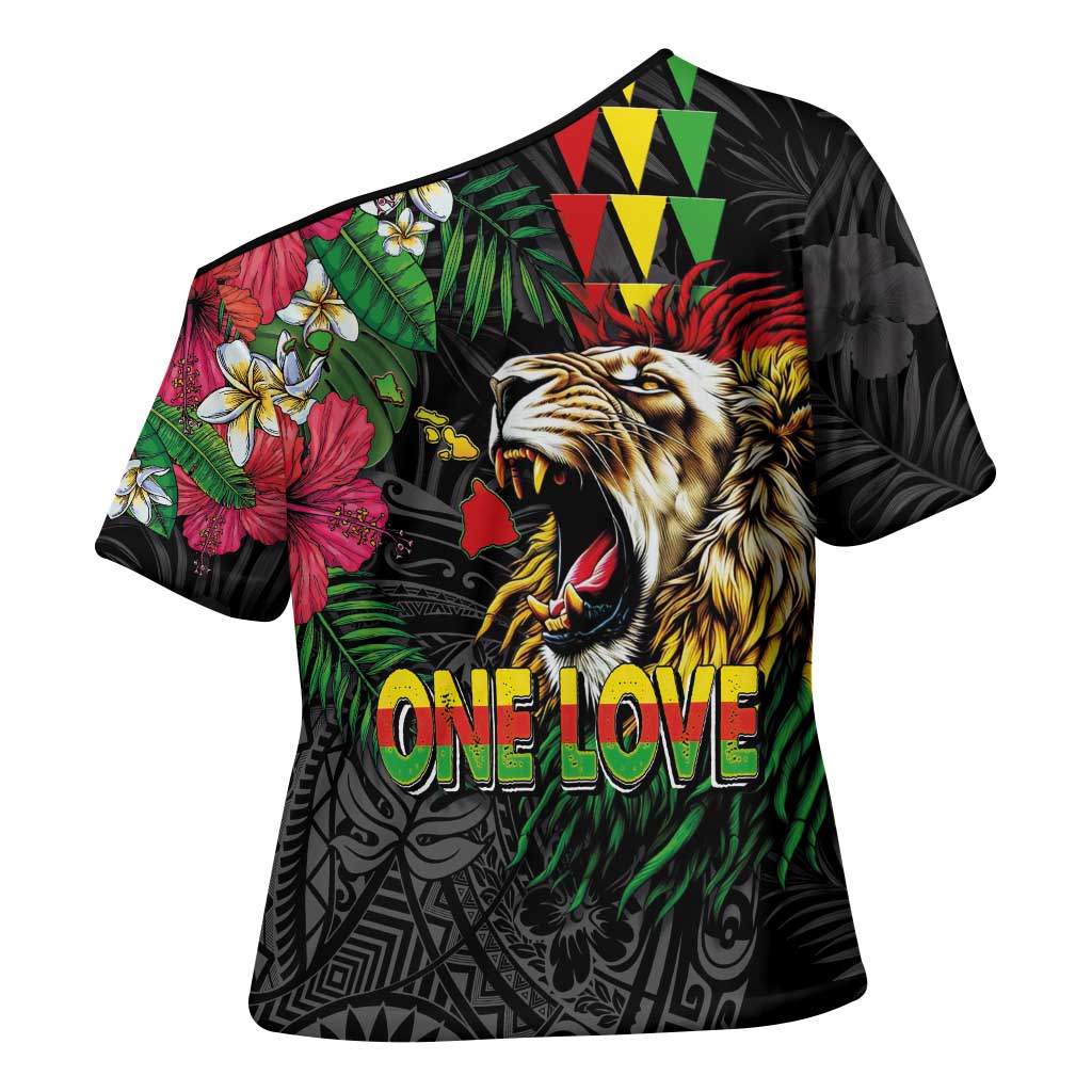 Hawaiian One Love Cross Shoulder Shirt Reggae Lion Tropical Plants and Kakau with Tribal Pattern