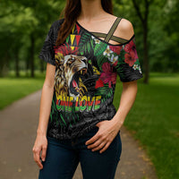 Hawaiian One Love Cross Shoulder Shirt Reggae Lion Tropical Plants and Kakau with Tribal Pattern