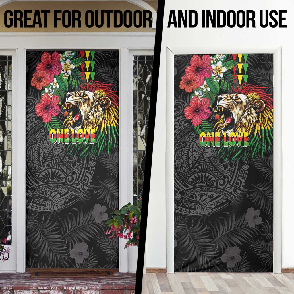 Hawaiian One Love Door Cover Reggae Lion Tropical Plants and Kakau with Tribal Pattern