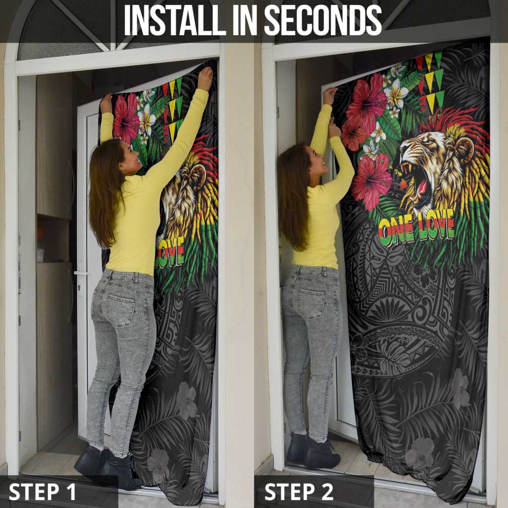 Hawaiian One Love Door Cover Reggae Lion Tropical Plants and Kakau with Tribal Pattern