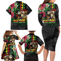 Hawaiian One Love Family Matching Long Sleeve Bodycon Dress and Hawaiian Shirt Reggae Lion Tropical Plants and Kakau with Tribal Pattern LT03 - Polynesian Pride