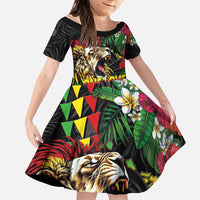 Hawaiian One Love Family Matching Mermaid Dress and Hawaiian Shirt Reggae Lion Tropical Plants and Kakau with Tribal Pattern LT03 Daughter's Dress Black - Polynesian Pride