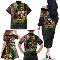 Hawaiian One Love Family Matching Off The Shoulder Long Sleeve Dress and Hawaiian Shirt Reggae Lion Tropical Plants and Kakau with Tribal Pattern LT03 - Polynesian Pride