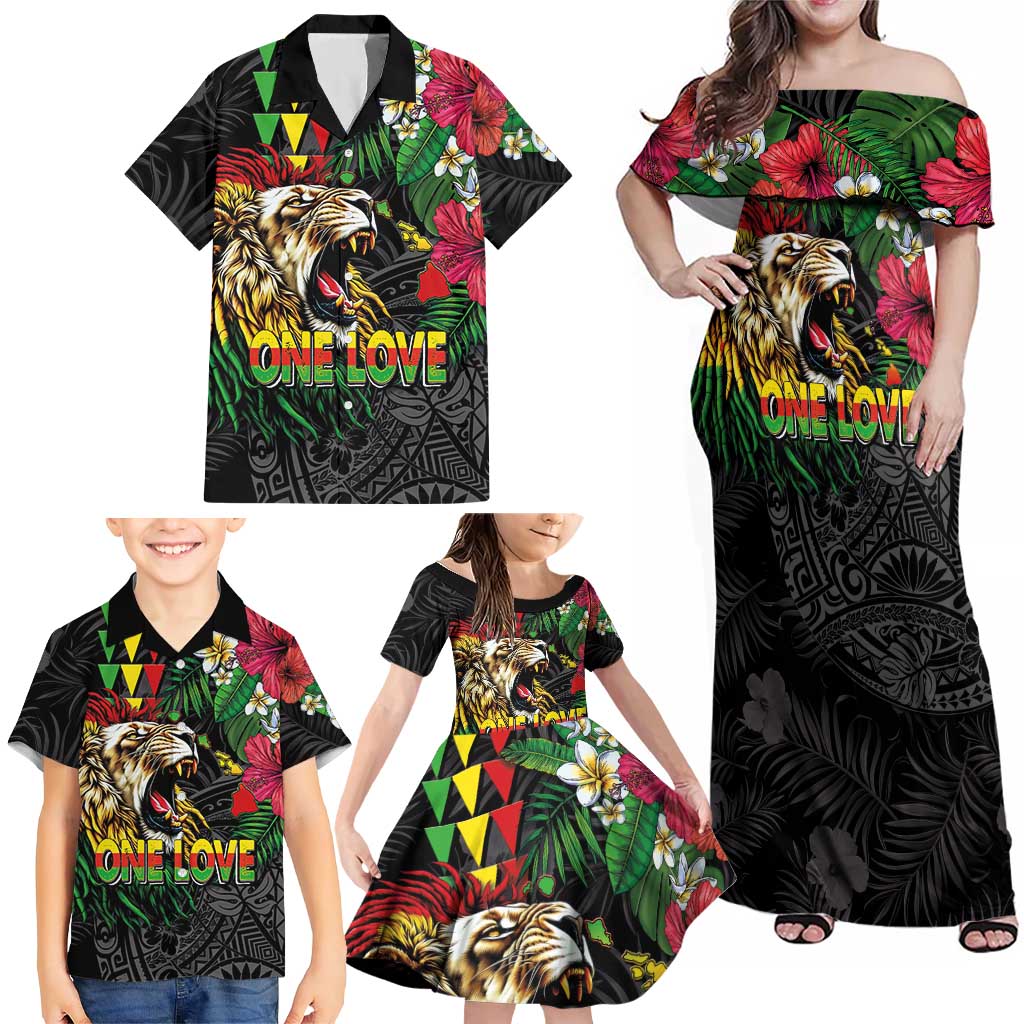Hawaiian One Love Family Matching Off Shoulder Maxi Dress and Hawaiian Shirt Reggae Lion Tropical Plants and Kakau with Tribal Pattern