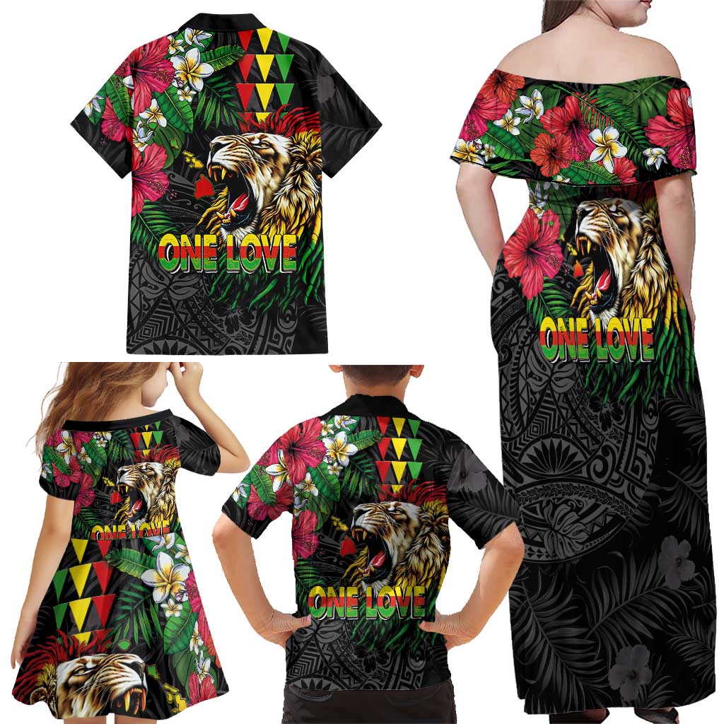 Hawaiian One Love Family Matching Off Shoulder Maxi Dress and Hawaiian Shirt Reggae Lion Tropical Plants and Kakau with Tribal Pattern LT03 - Polynesian Pride