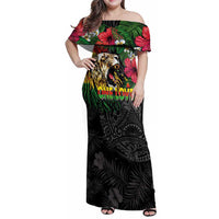 Hawaiian One Love Family Matching Off Shoulder Maxi Dress and Hawaiian Shirt Reggae Lion Tropical Plants and Kakau with Tribal Pattern LT03 Mom's Dress Black - Polynesian Pride